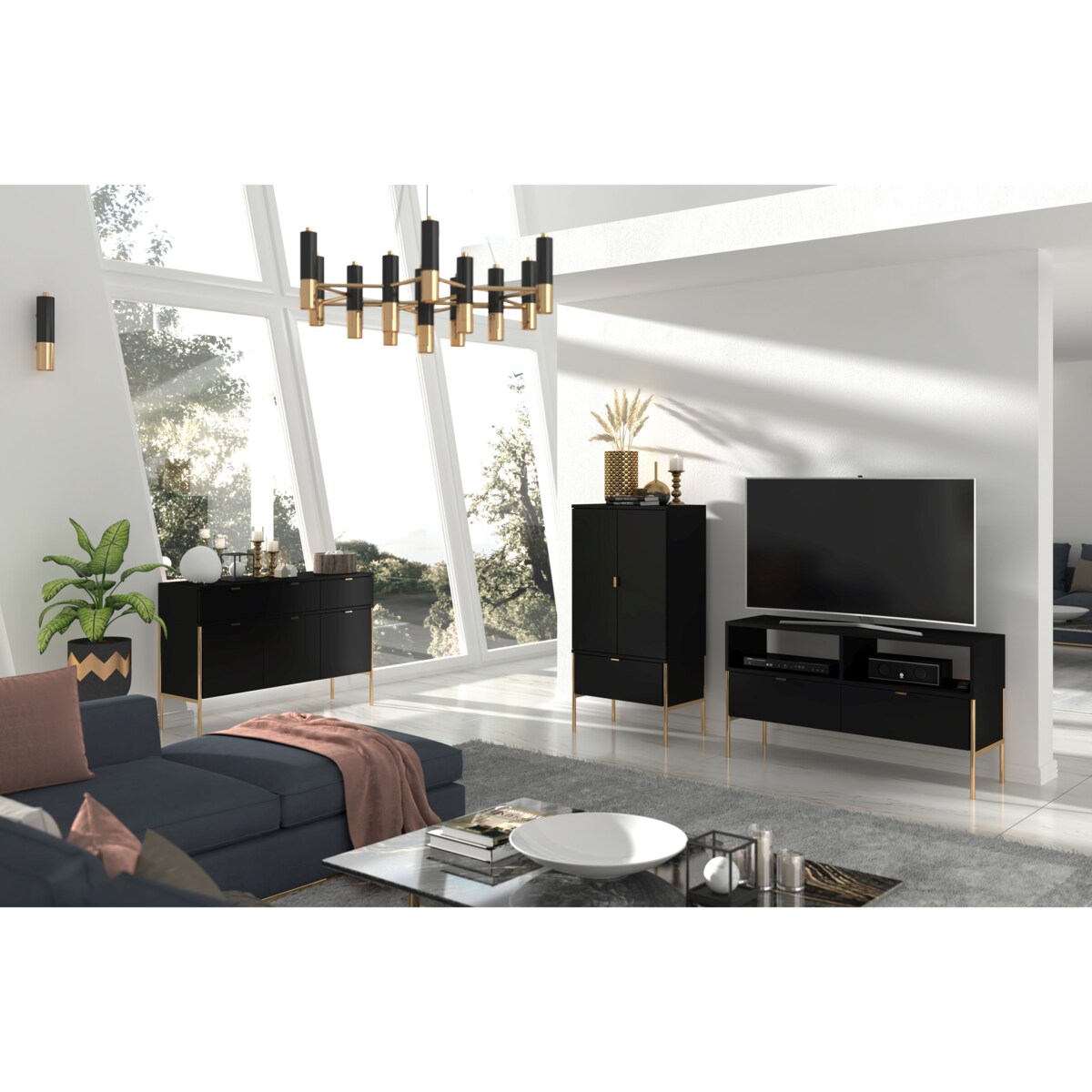 Wysoka elegancka czarna komoda Skandica POLKA na złotych nóżkach