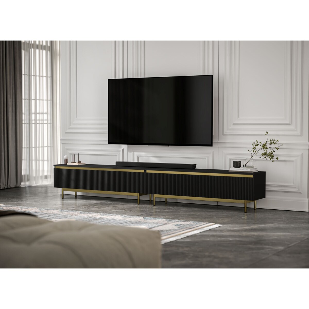 Nowoczesna Szafka RTV Glamour Komoda RTV Czarny Mat 280 cm złote akcenty