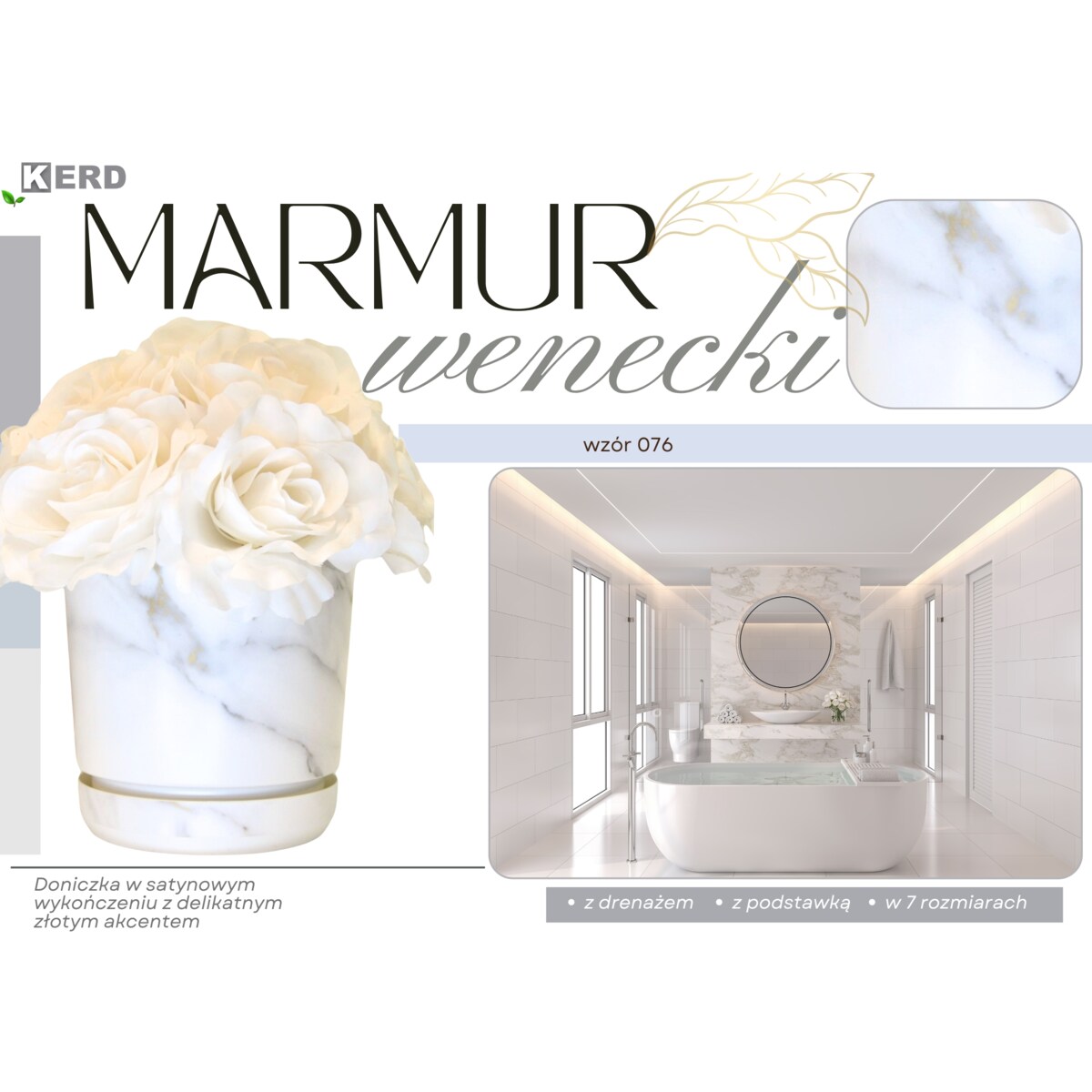26 cm wzór MARMUR WENECKI Doniczka z podstawką biała + szare złote el. imitacja kamienia wykoń. satynowe matowe stiuk