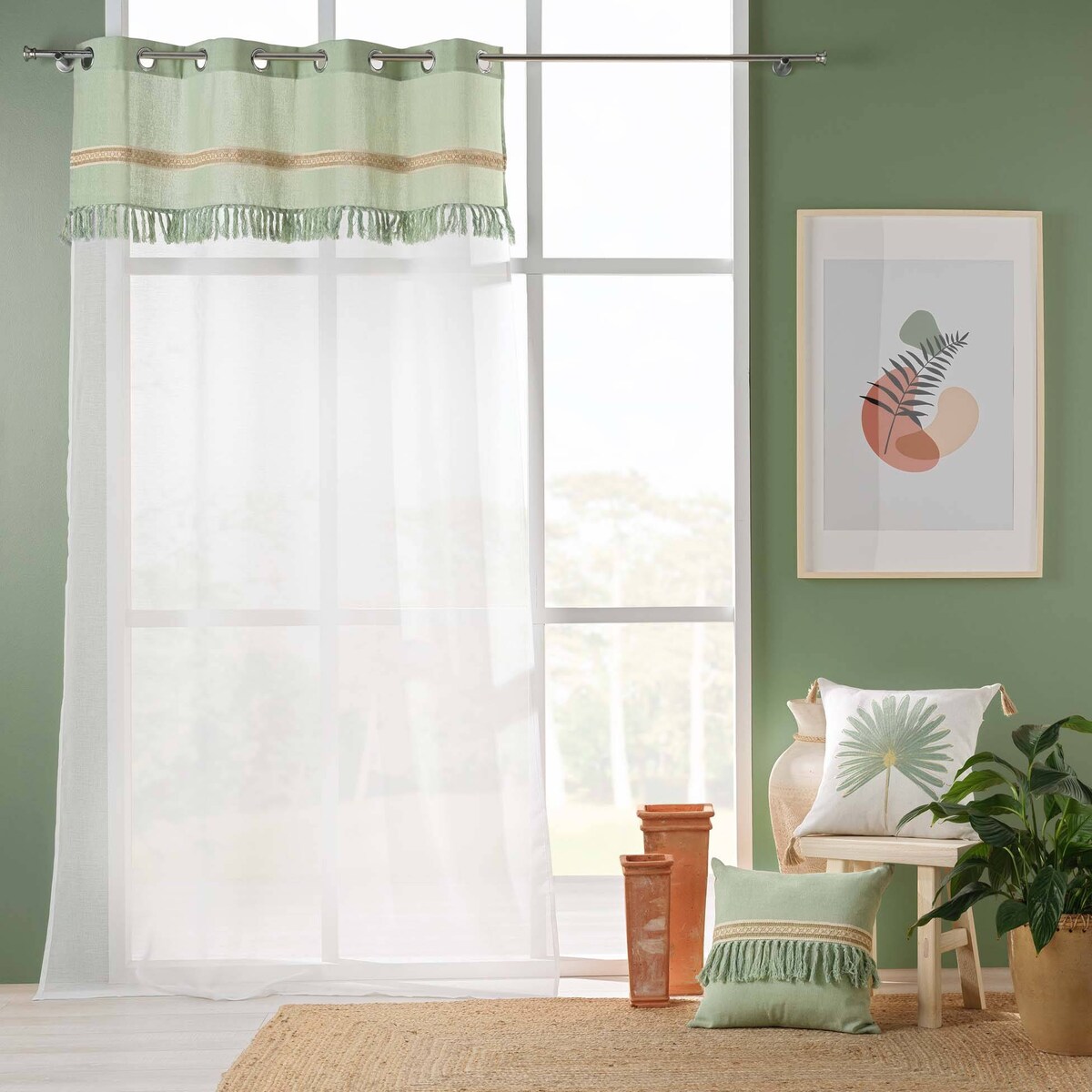 Zasłona na przelotkach z jutowym dekorem i frędzlami JANARA, 140 x 240 cm