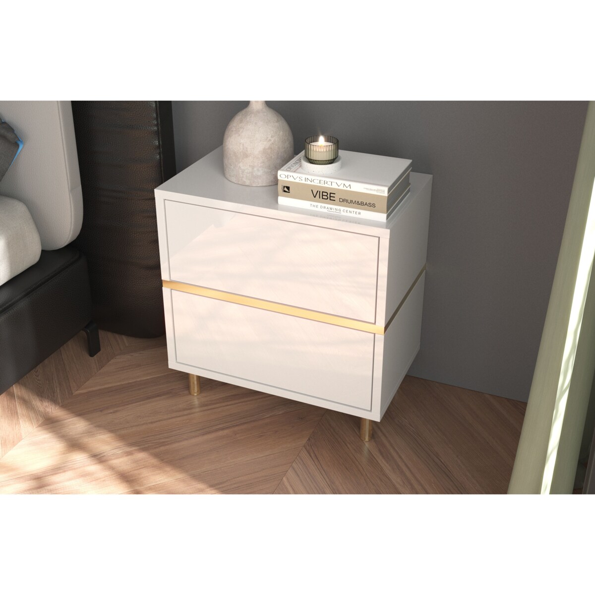 Elegancka biała szafka nocna Dancan MARIKA ze złotymi dodatkami