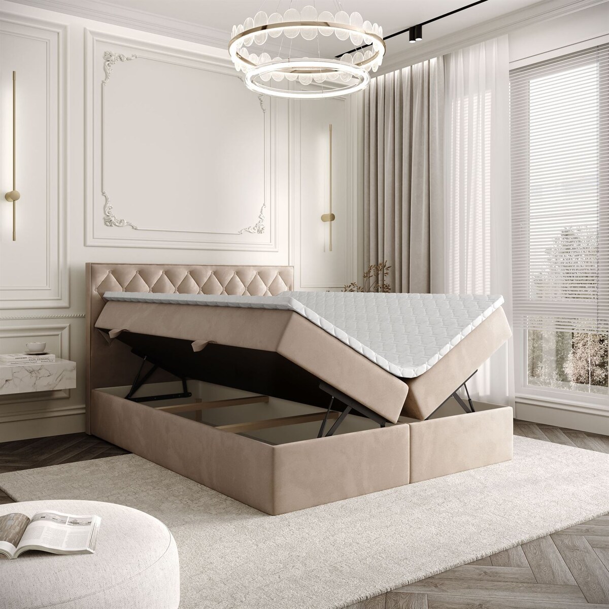 Łóżko kontynentalne INEZ, pojemnik na pościel, 180x200, Royal Velvet 170, topper