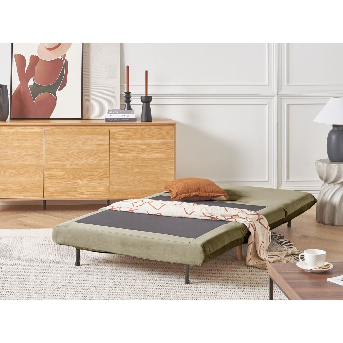 Sofa rozkładana welurowa jednoosobowa zielona oliwkowa SETTEN