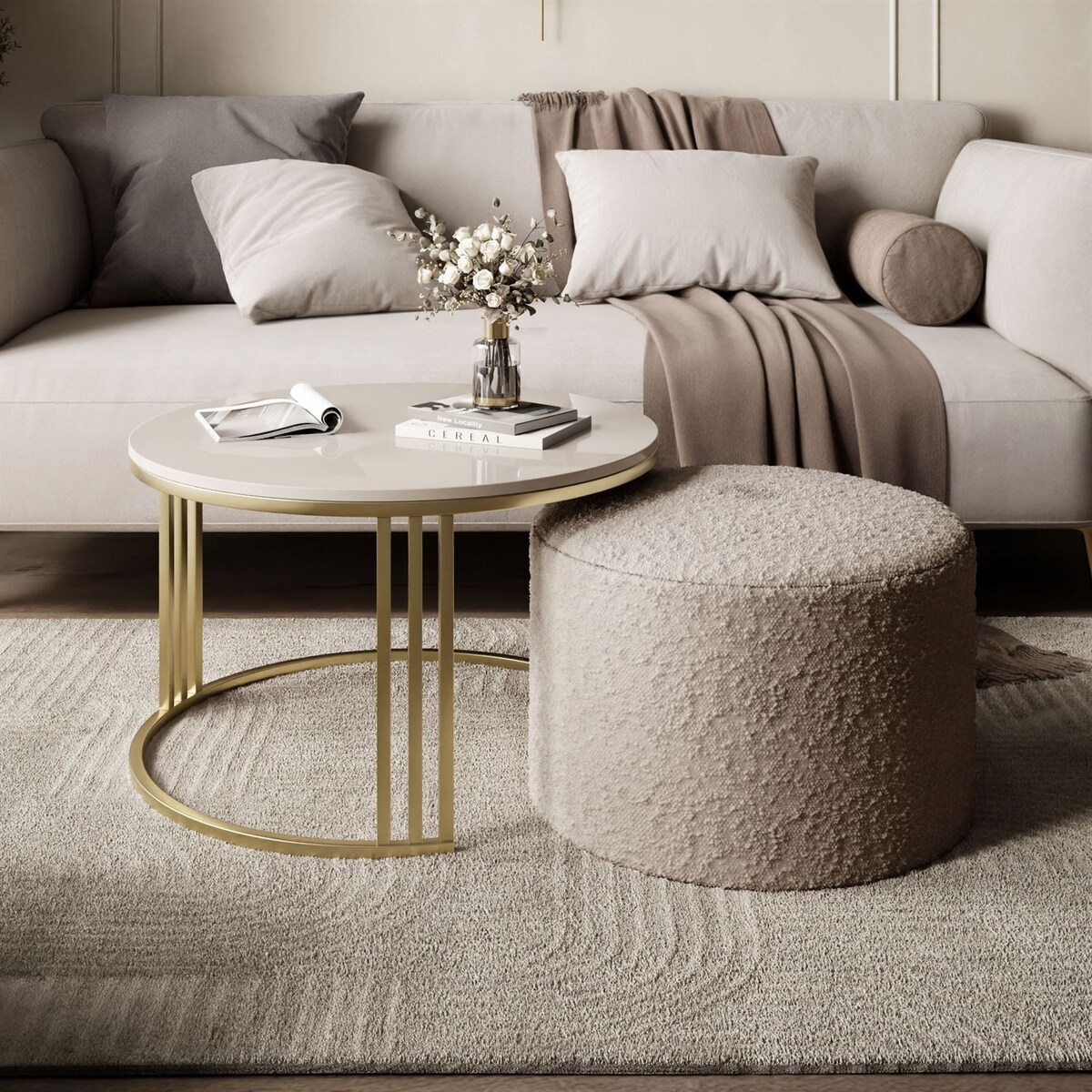 Stolik kawowy z pufą LORI POŁYSK złoto szczotkowane, przezroczysty / Coral 50
