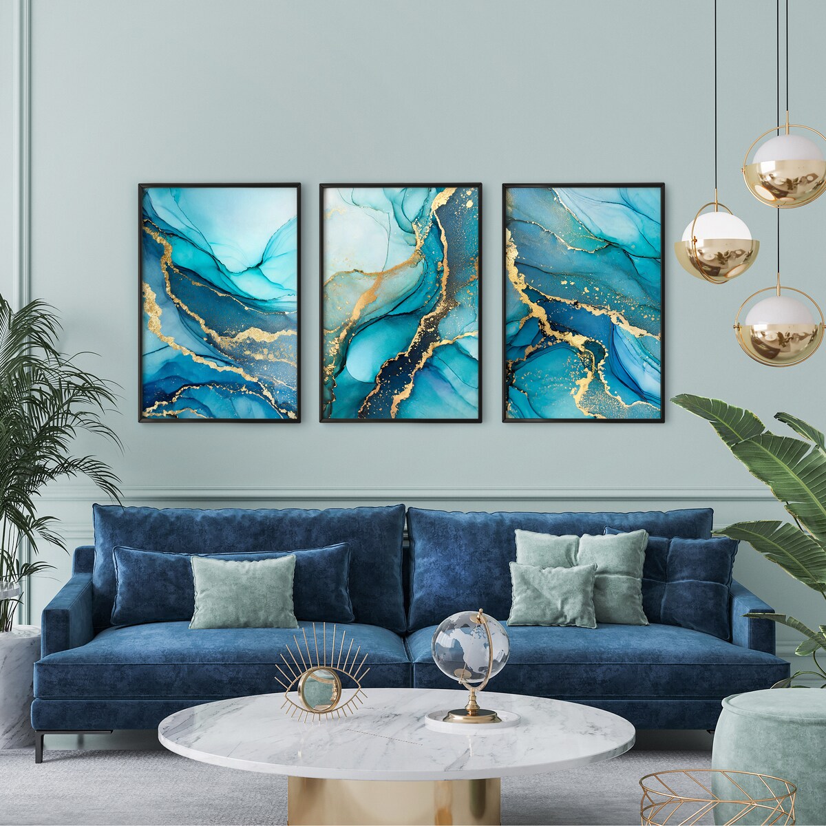 ZESTAW 3X PLAKAT W RAMIE DO SALONU NIEBIESKI MARMUR STYL GLAMOUR 30x40cm