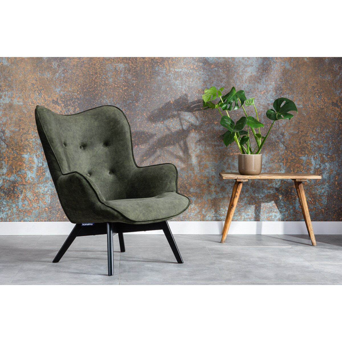 KONSIMO GLORI Fotel wypoczynkowy z weluru i pikowanym wzorem - jasnoszary i ciemnozielony