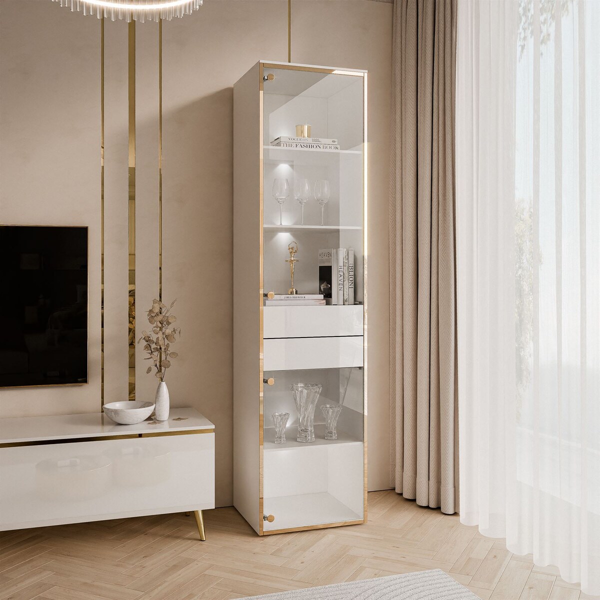 Witryna AURORA z oświetleniem LED biały połysk na ślizgach