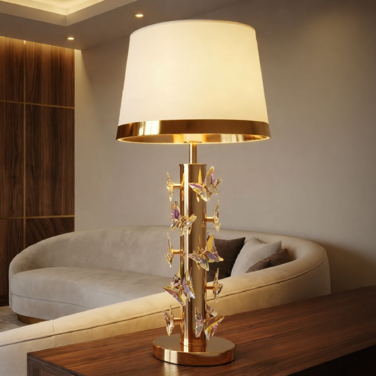 Lampa stołowa Butterfly, kolor złoty i biały, żelazo i metal, 35 x 35 x 74 cm, 1 x E27, max. 40 W, motyw: motyle, do salonu i sypialni, Mauro Ferretti