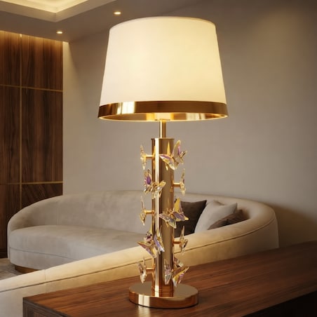 Lampa stołowa Butterfly, kolor złoty i biały, żelazo i metal, 35 x 35 x 74 cm, 1 x E27, max. 40 W, motyw: motyle, do salonu i sypialni, Mauro Ferretti