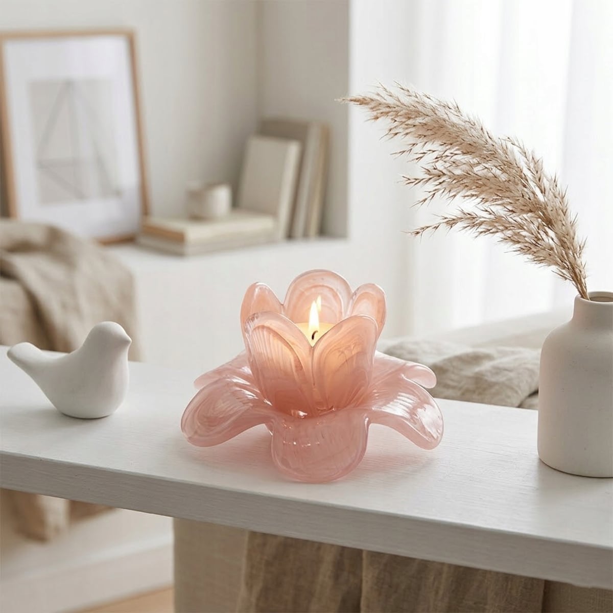ŚWIECZNIK NA TEALIGHT SZKLANY KWIAT RÓŻOWY OZDOBA DEKORACJA DO DOMU SALONU