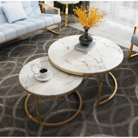 Zestaw złotych okrągłych stolików kawowych Premium Marco z kamiennym blatem marmurkowym 2 in 1