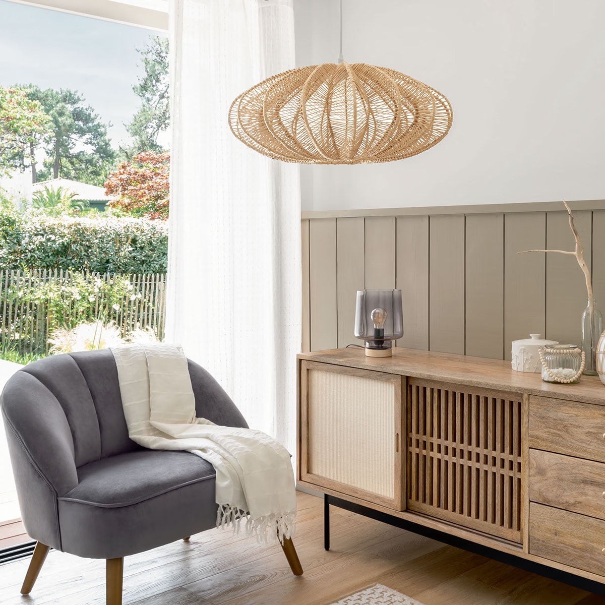 Lampa wisząca plecionka Tery, Ø 57 cm, kolor beżowy, metal