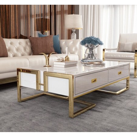 Nowoczesny złoty stolik kawowy biały z szyfladami nowojorski / ława Exclusive White Premium 130x70x42 glamour