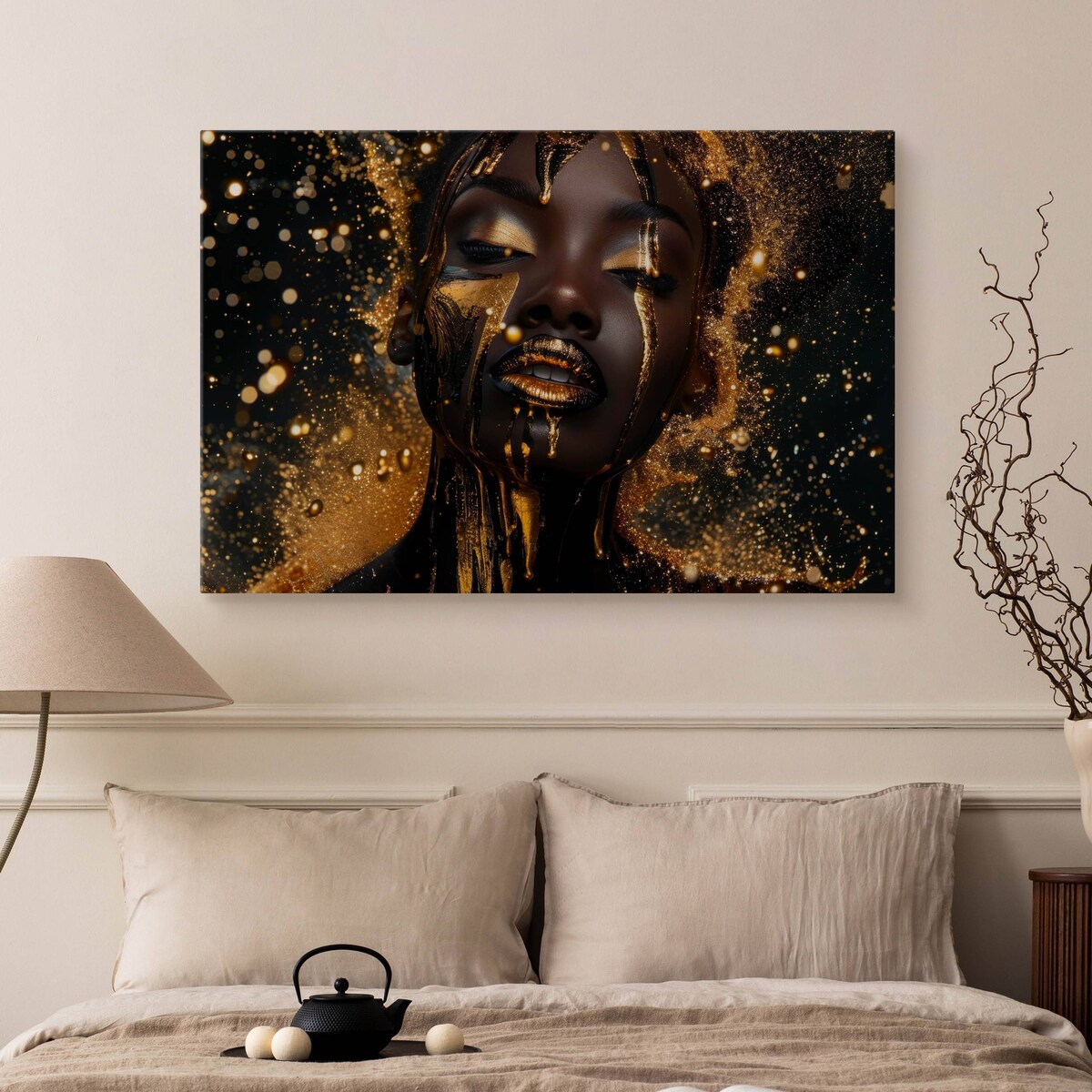 Obraz Do Sypialni Abstrakcja Kobiecy Portret Styl Glamour Złoto 70x50cm