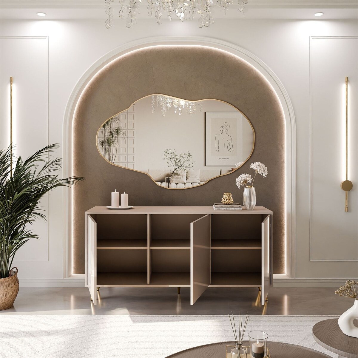 Trzydrzwiowa komoda SANAYI na wysokich, skośnych, złotych nóżkach, kaszmir połysk