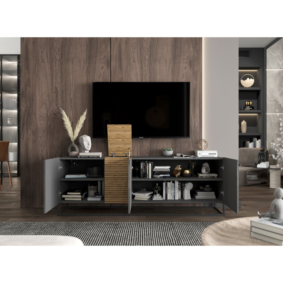 Szafka RTV Loft Komoda RTV Loft Grafit Połysk 160 cm