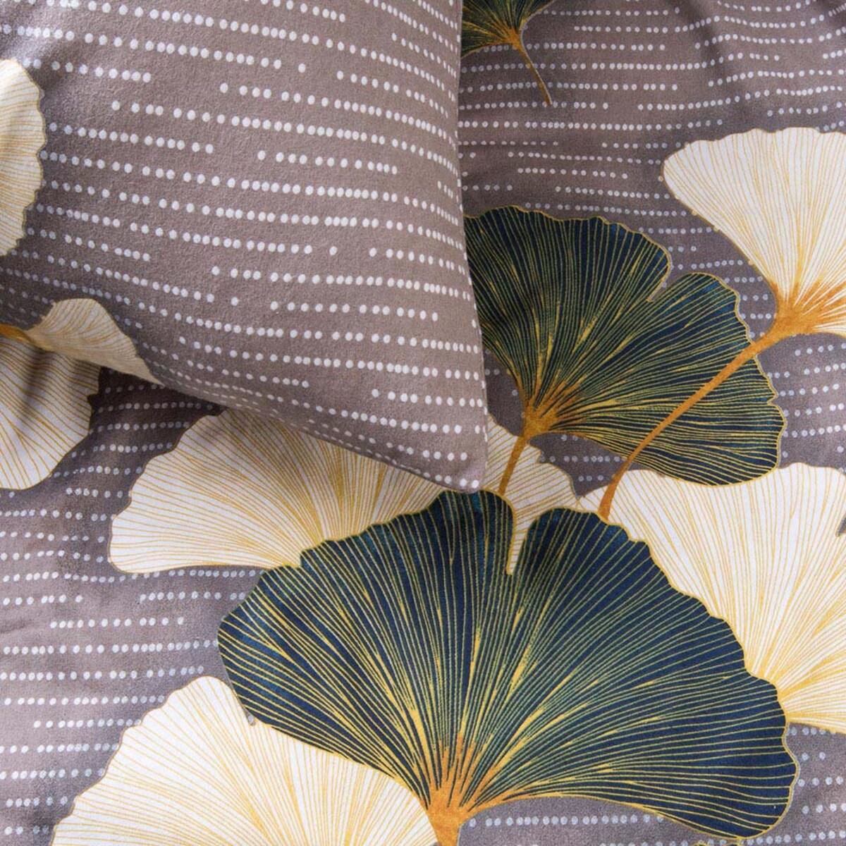 Pościel flanelowa 220x200 Solenne Dark szara, liście miłorzębu, Flanelove