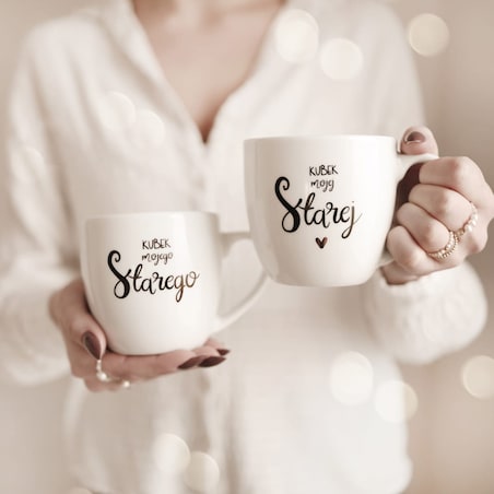 Zestaw 2 białych kubków porcelanowych 300 ml - napisy Kubek mojej Starej i Kubek mojego Starego dla pary na rocznicę ślubu