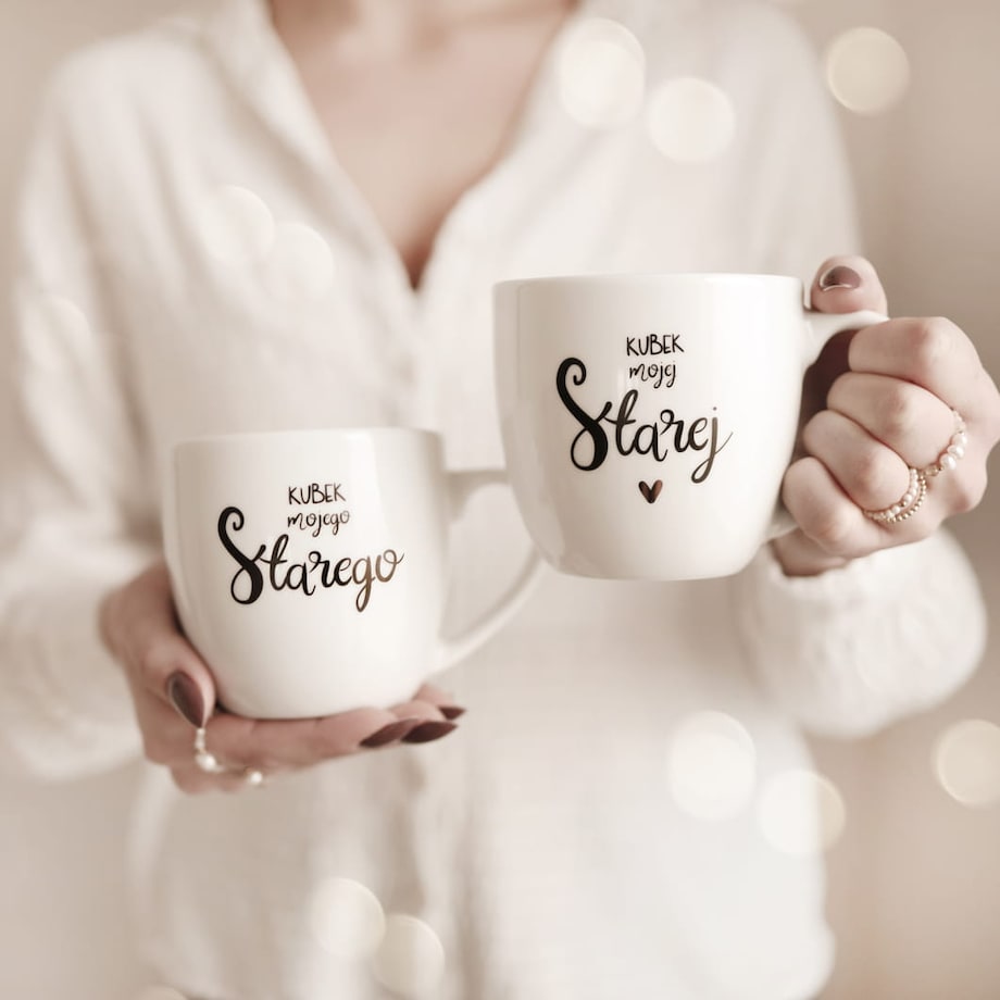Zestaw 2 białych kubków porcelanowych 300 ml - napisy Kubek mojej Starej i Kubek mojego Starego dla pary na rocznicę ślubu