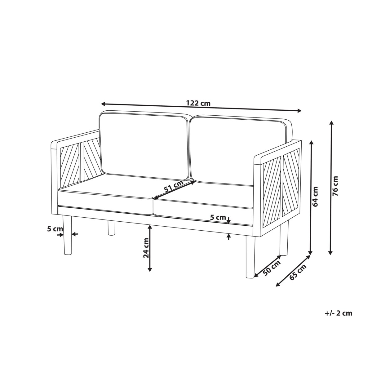 Sofa dwuosobowa z drewna akacjowego z białymi poduszkami BARATTI