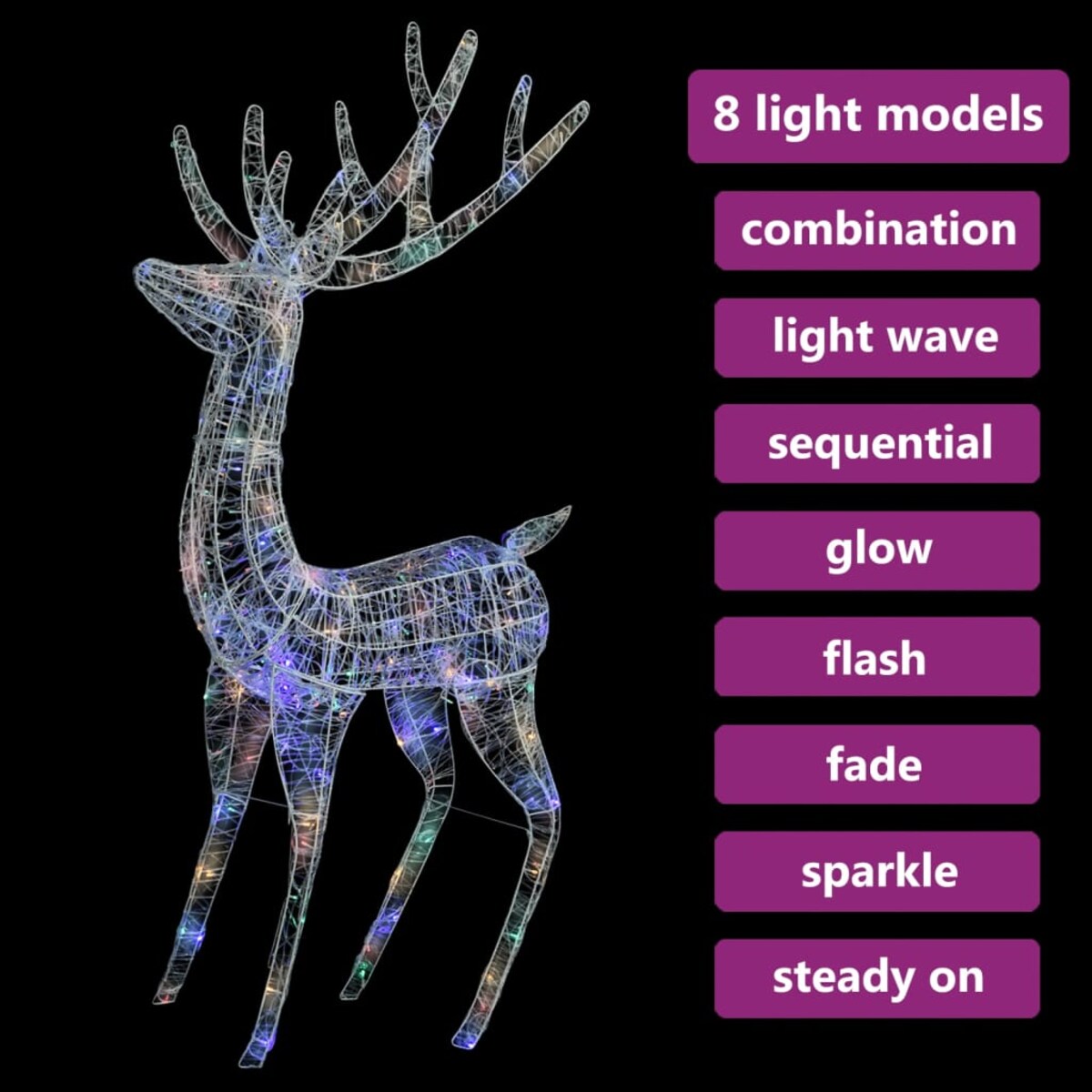 vidaXL Świąteczny renifer XXL, akryl, 250 kolorowych diod LED, 180 cm