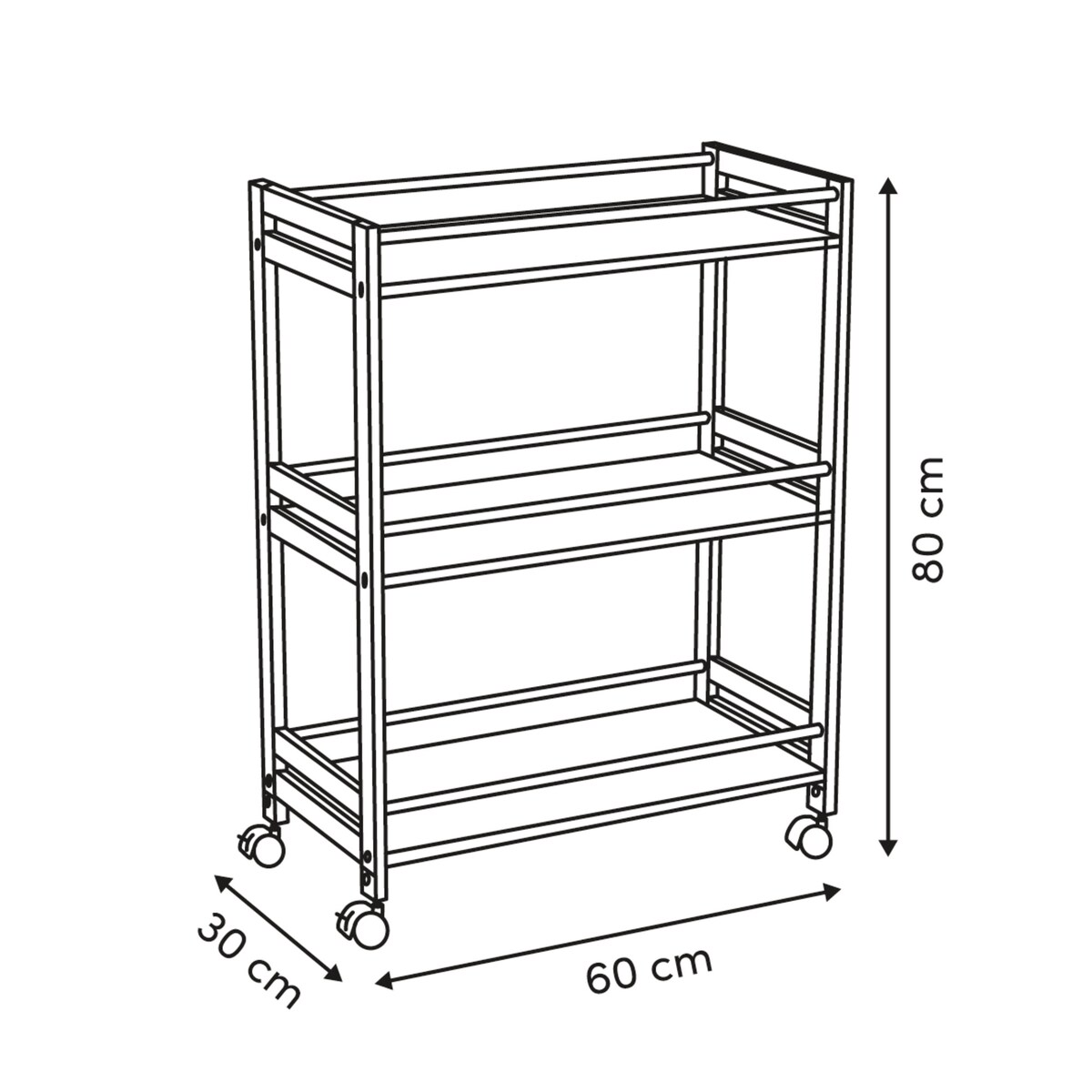 Mobilny wózek kuchenny COME, 3 poziomy, 80 cm, kolor brązowy, MDF