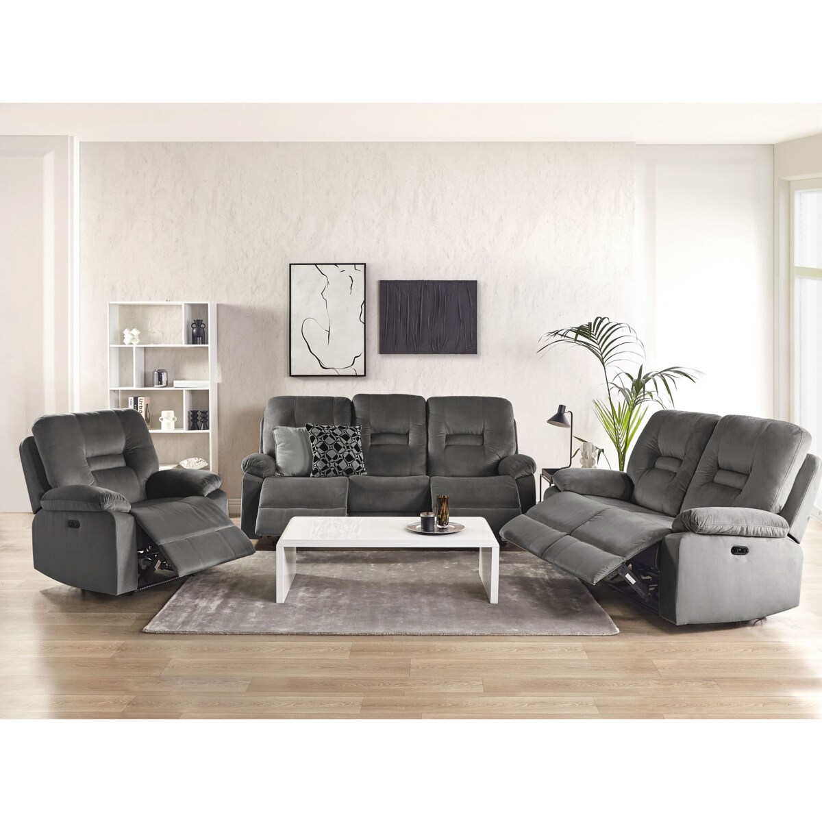 Komplet wypoczynkowy z elektryczną funkcją relaksu dla 6 osób BERGEN Welur Ciemnoszary Z portem USB