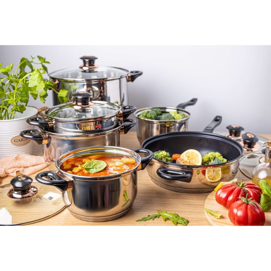 Zestaw garnków stalowych 12 ele. garnki na indukcję komplet Jumbo Rosegold KINGHOFF