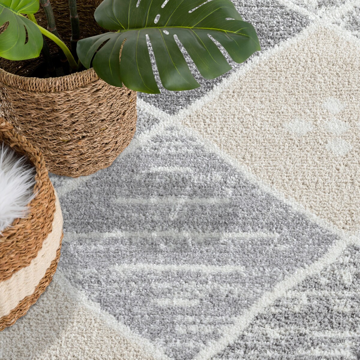 Dywan okrągły etniczny high low Flaire 1790 szary-beżowy romby 200x200