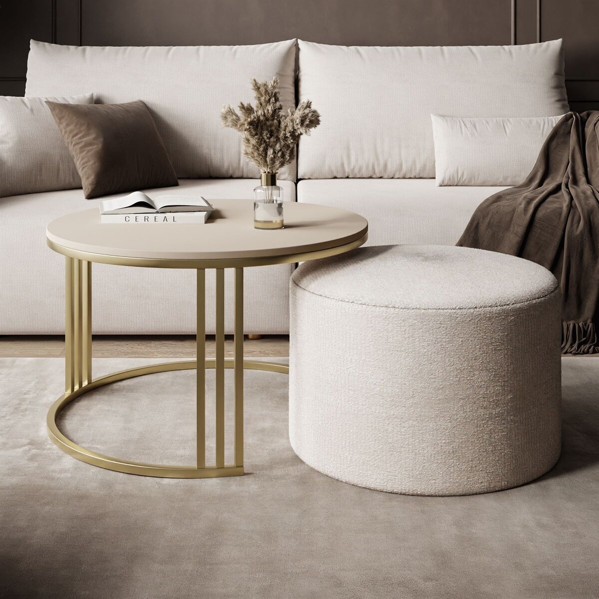 Stolik kawowy z pufą LORI MAT złoto szczotkowane, kaszmir mat / Perfect Harmony 01