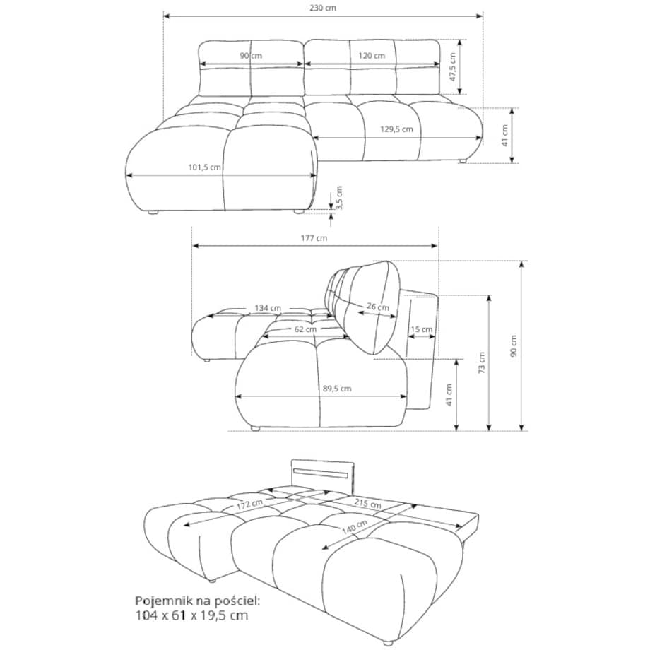 Pikowany Narożnik MILA rozkładany bez boczków prawy ceglasty