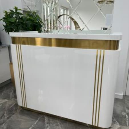 Nowoczesna biała złota lada sklepowa / recepcja Exclusive White 140x60x115 / do sklepu / do hotelu / do salonu