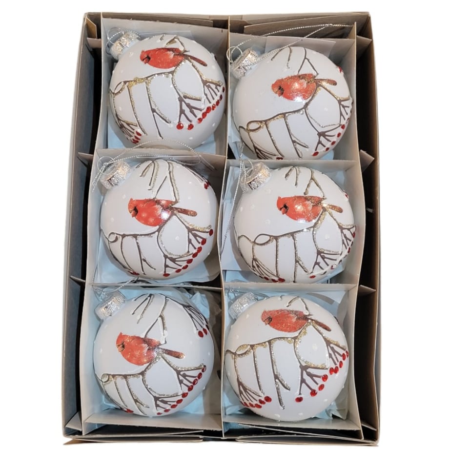 Komplet 6 bombek białych matowych Ø 80 mm z ptaszkami