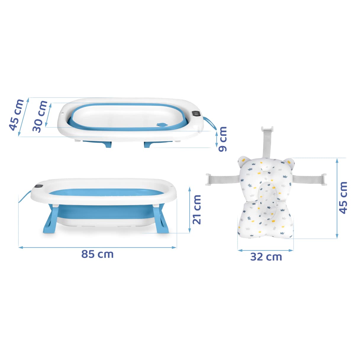 Wanienka składana dla dziecka niemowląt Ricokids silikonowa termometr LCD biało-niebieska