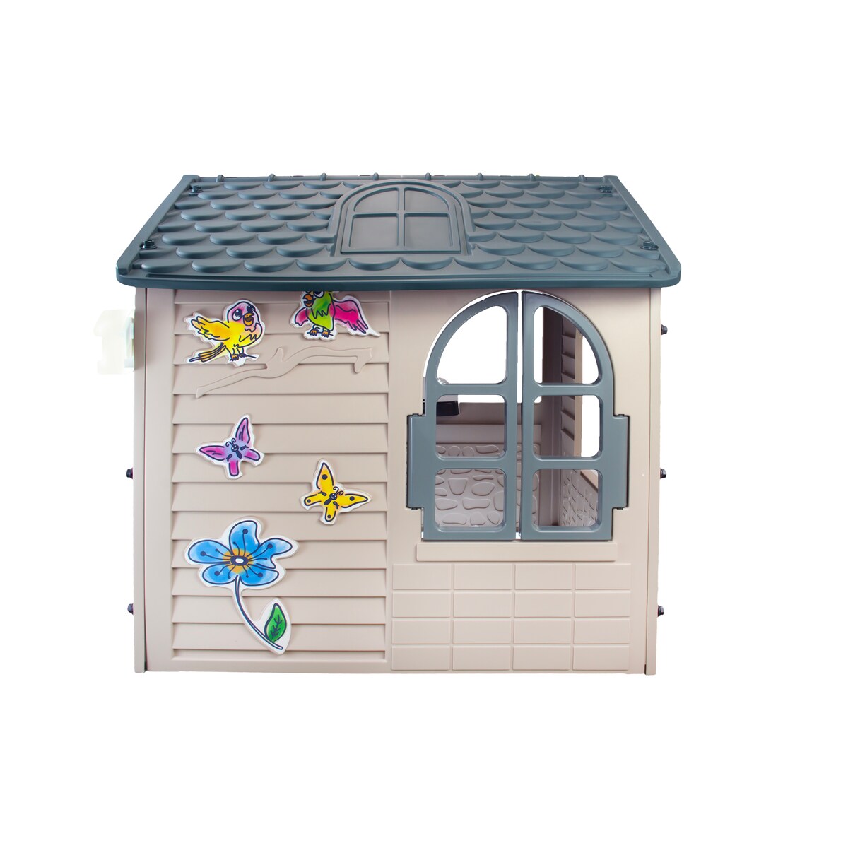 Domek ogrodowy dla dzieci ze stolikiem + zjeżdzalnia XXL do zabawy w ogrodzie zestaw beżowy