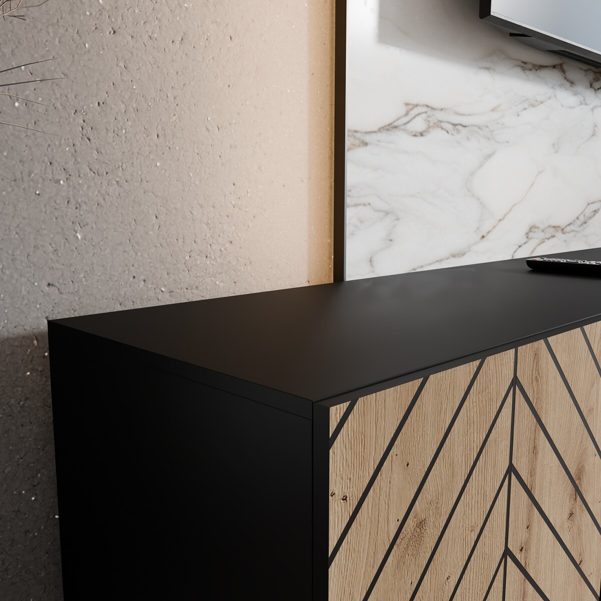 Szafka RTV IGO 300cm zamknięta pod telewizor, jodełka- artisan+czarny