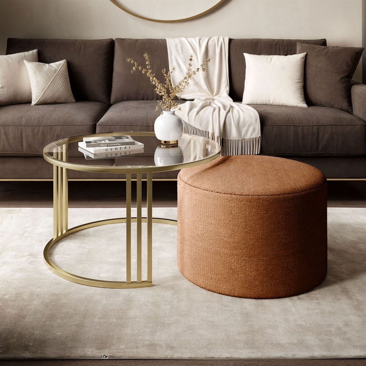 Stolik kawowy z pufą LORI GLASS złoto szczotkowane, przezroczyste szkło / Perfect Harmony 52