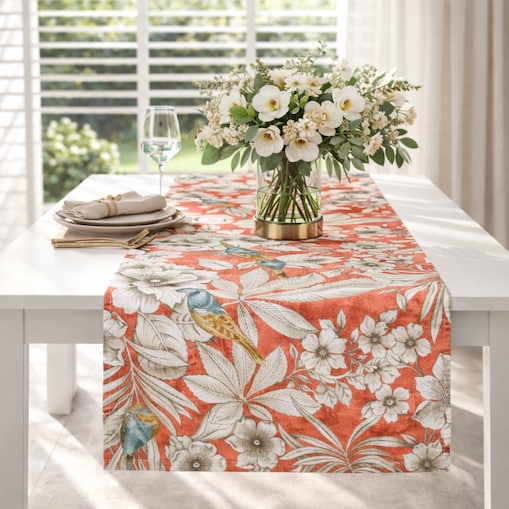 Bieżnik z motywem liści i ptaków Topaz – 50 × 220 cm