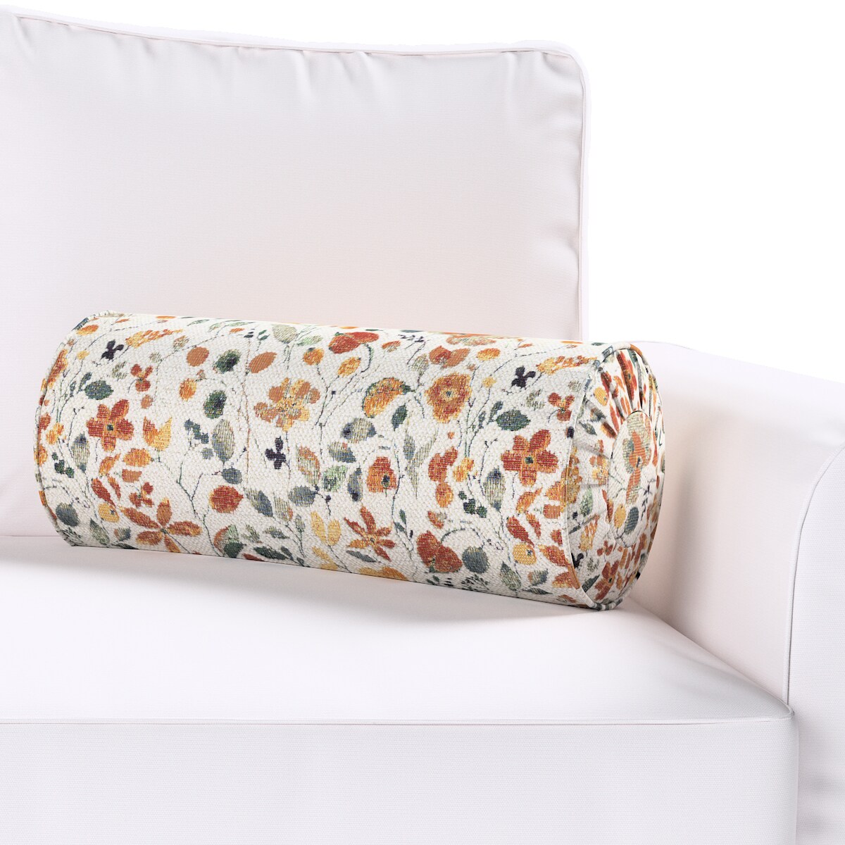 Poduszka wałek z zakładkami, pomarańczowo-zielone kwiaty na kremowym tle, Ø20 x 50 cm, Cosy Home