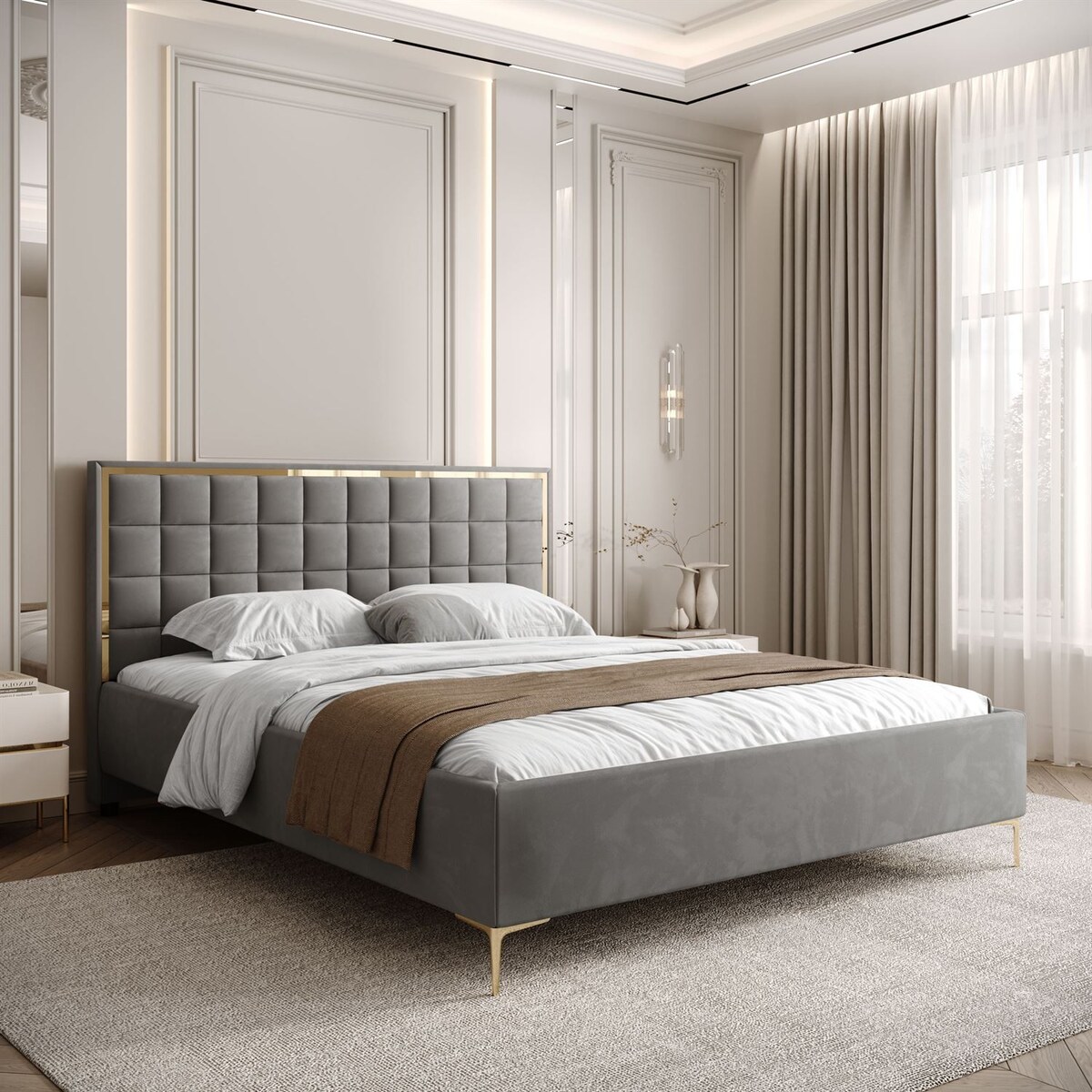 Łóżko tapicerowane ISADORA GOLD, pojemnik na pościel, stelaż 34, 160x200, RV 250