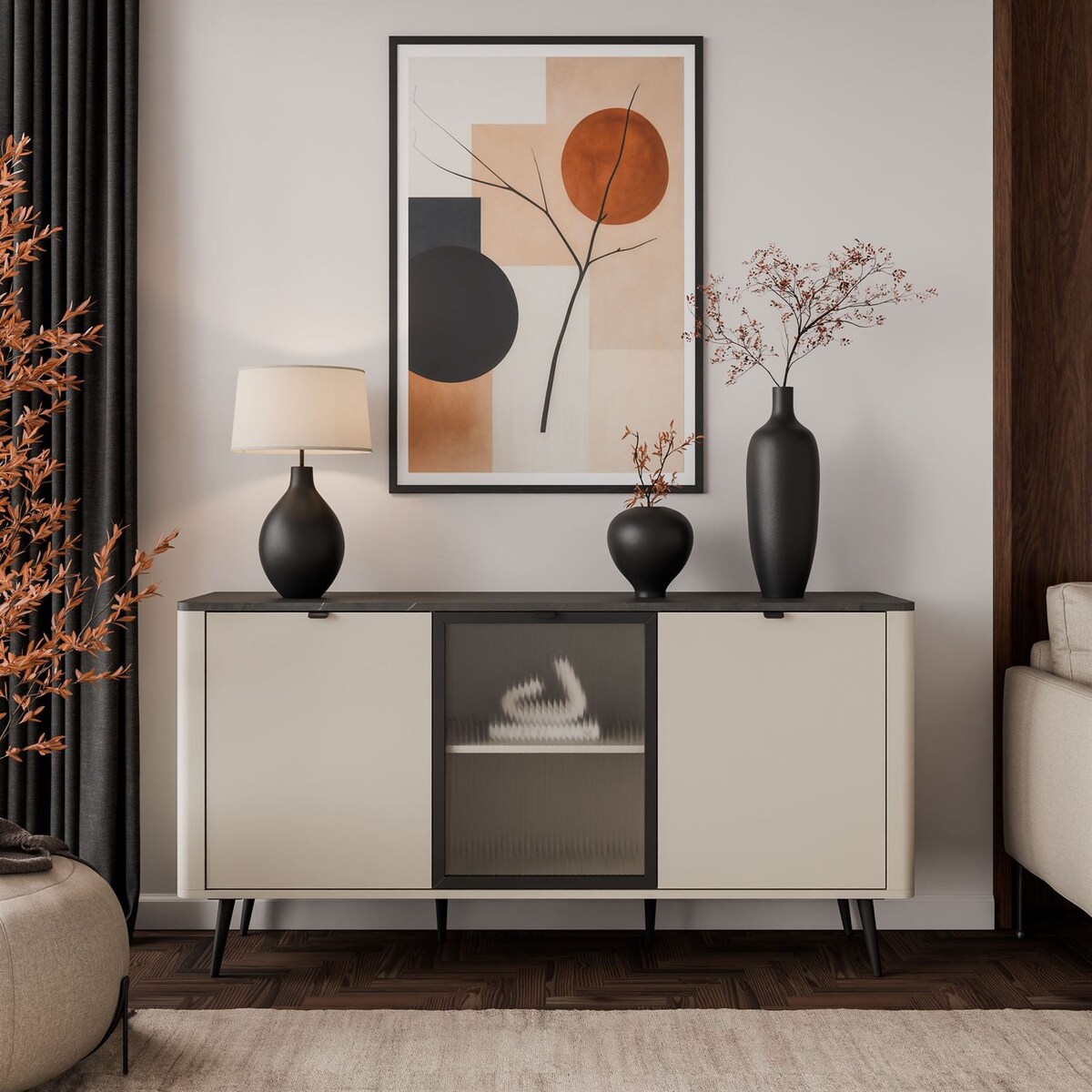 Komoda na nóżkach AUTUMN 2D1W z przeszklonym frontem, kaszmir / szary kmaień