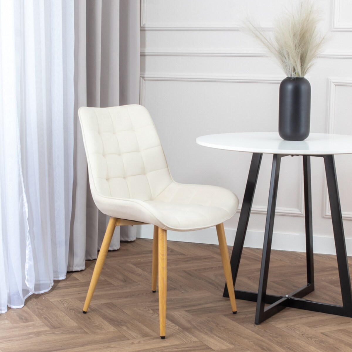 Krzesło tapicerowane do salonu jadalni pikowane welurowe beżowe