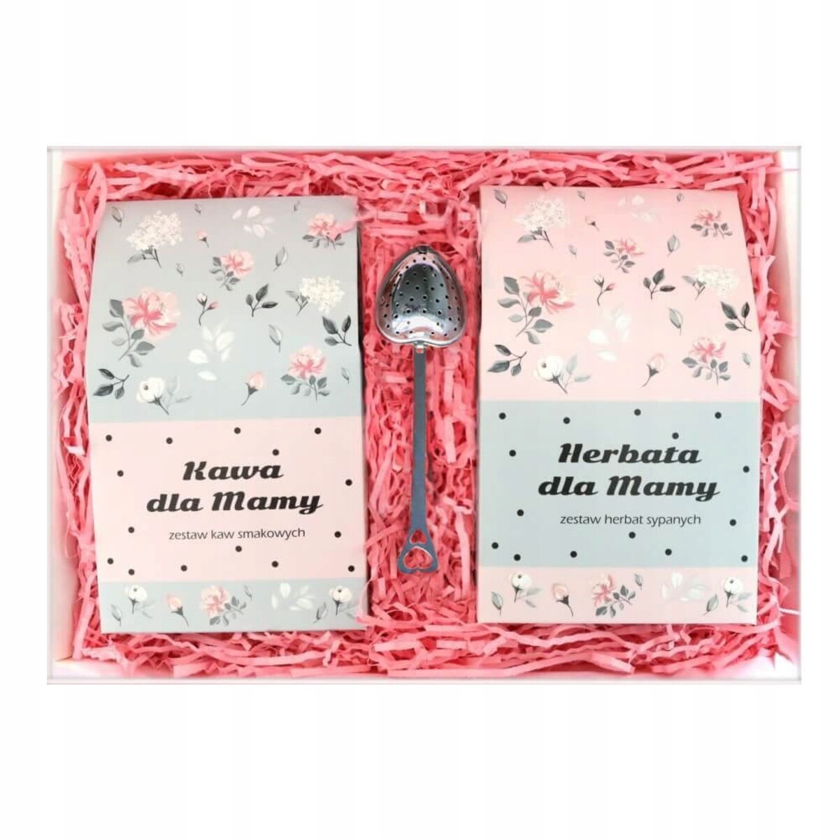BOX PUDEŁKO KOSZ PREZENTOWY UPOMINKOWY DLA MAMY TEŚCIOWEJ - MIX 10 SMAKÓW KAW I 10 SMAKÓW HERBAT SYPANYCH + ZAPARZACZ - PREZENT UPOMINEK NA DZIEŃ MATKI
