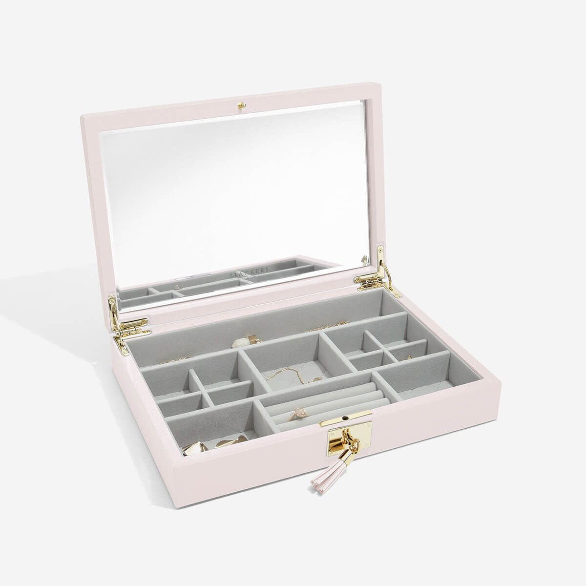 Szkatułka na biżuterię Loves Luxury jasnoróżowa z pokrywką i lusterkiem