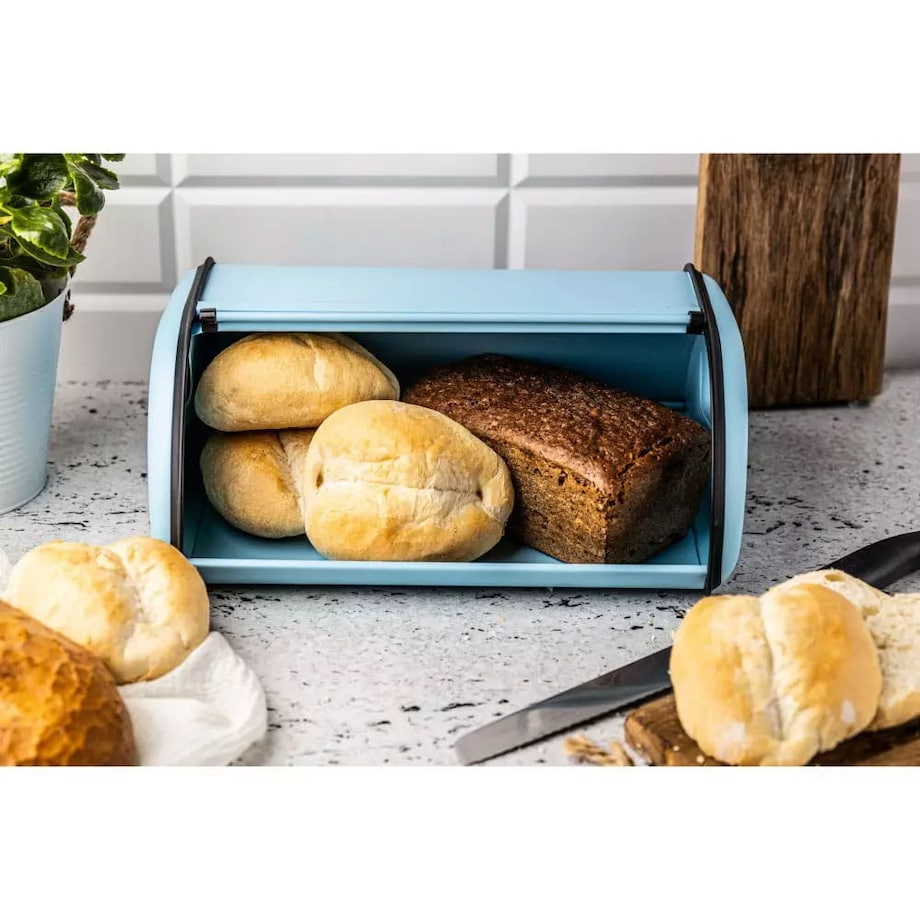 Chlebak stalowy mały 36cm niebieski matowy pojemnik na chleb pieczywo bułki KINGHOFF