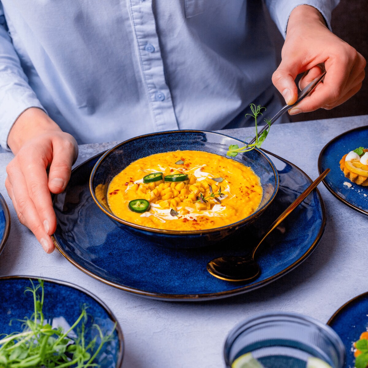 Serwis obiadowy Uminami niebieski na 12 osób 36 szt. Nowoczesny Do zmywarki Komplet talerzy