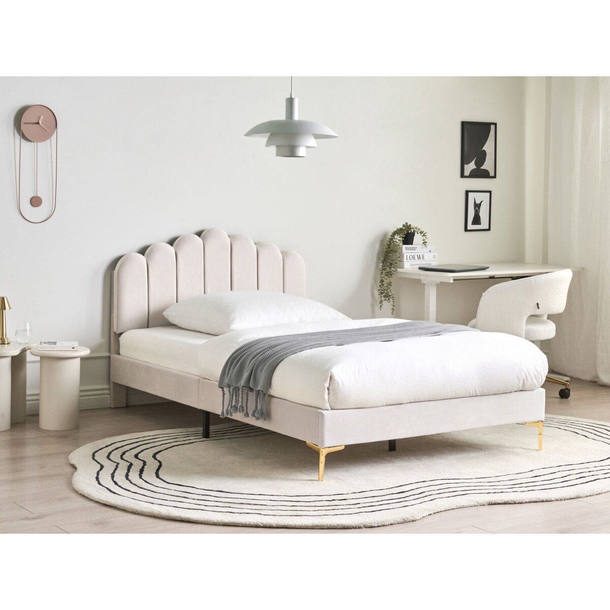 Łóżko Welur SAUVIAN 120 x 200 cm Złamana biel