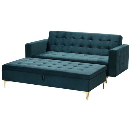 Sofa rozkładana welurowa z otomaną ze schowkiem zielona ABERDEEN