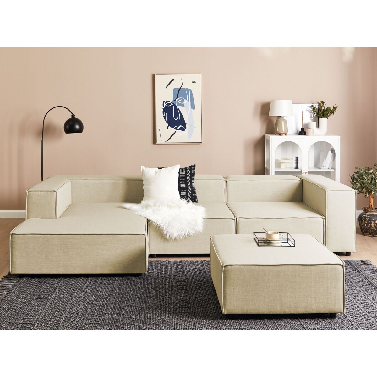 Narożnik modułowy 3-osobowy lniany prawostronny z otomaną beżowy APRICA