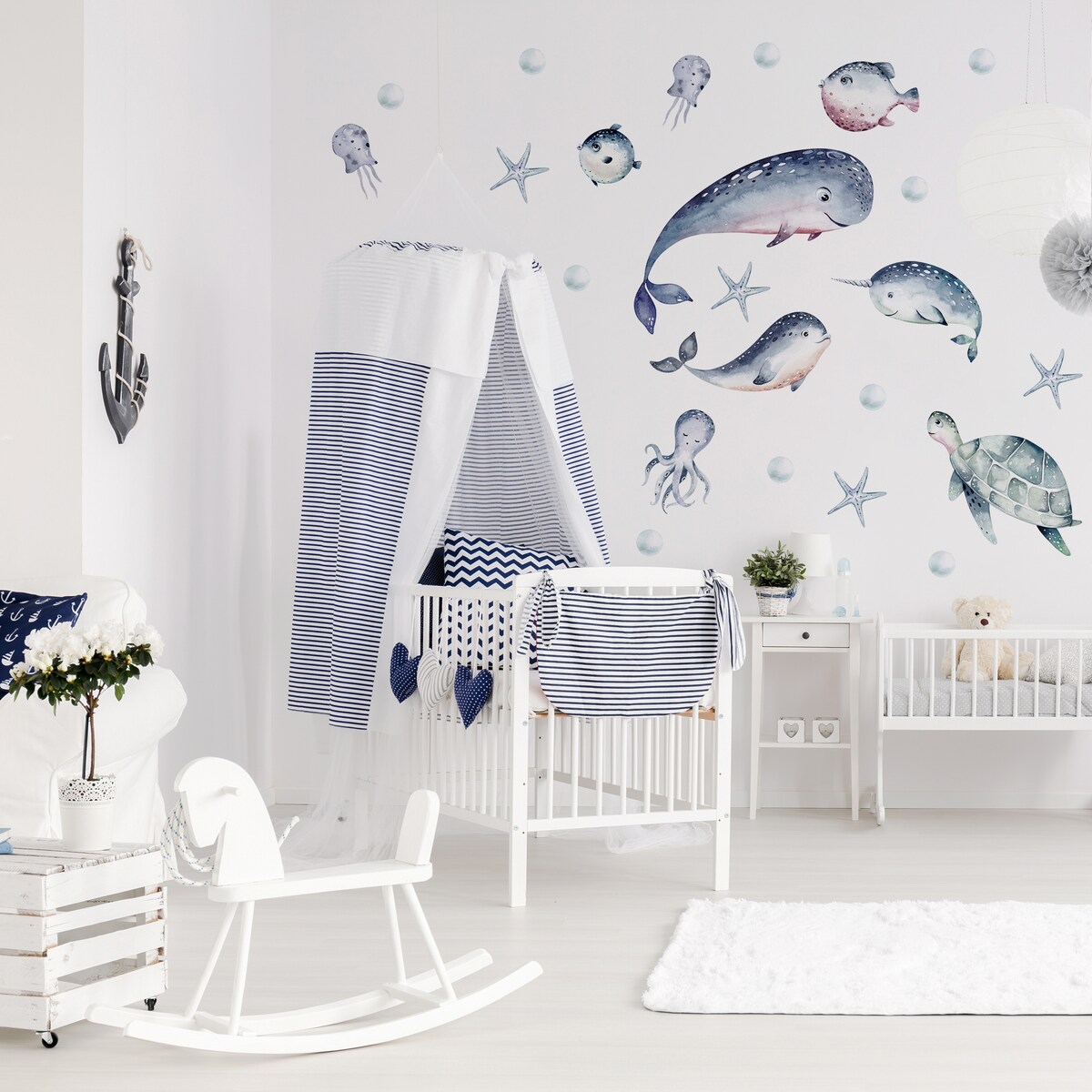 Naklejki Ścienne DLA DZIECI Akwarelowe RYBY Wieloryby Styl Boho ZESTAW 60x30cm